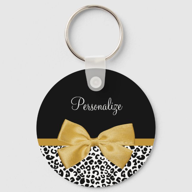 Girly Leopard Print Chic Gold Bow With Name Key Ring (Front)