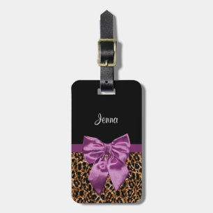 Girly Leopard Print Elegant Purple Bow and Name Luggage Tag
