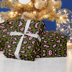 Girly leopard print pink olive green trendy chic wrapping paper