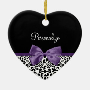 Girly Leopard Print Pretty Purple Ribbon With Name Ceramic Ornament