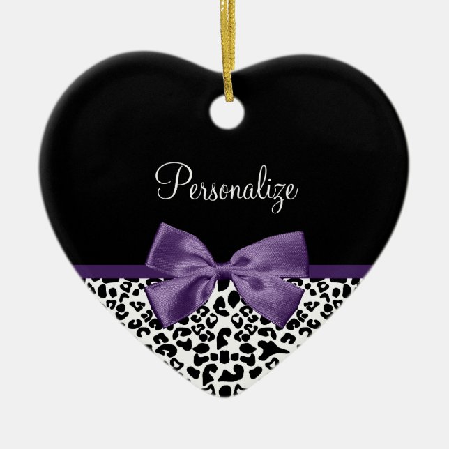 Girly Leopard Print Pretty Purple Ribbon With Name Ceramic Ornament (Front)