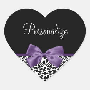 Girly Leopard Print Pretty Purple Ribbon With Name Heart Sticker