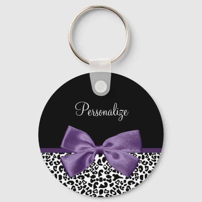 Girly Leopard Print Pretty Purple Ribbon With Name Key Ring (Front)