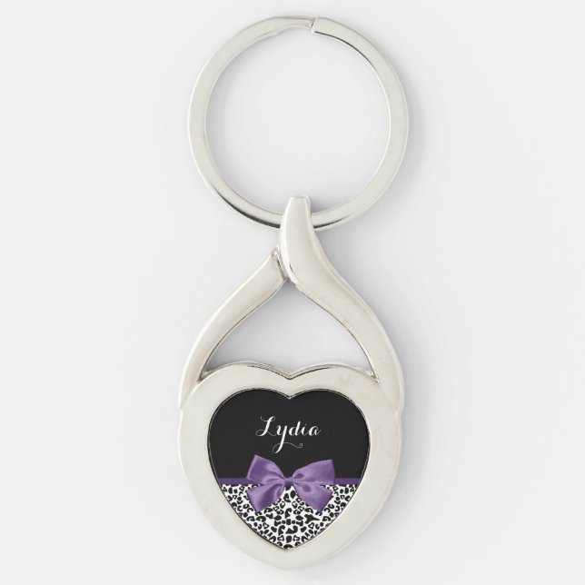 Girly Leopard Print Pretty Purple Ribbon With Name Key Ring (Front)