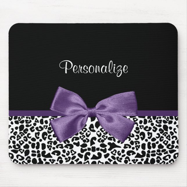 Girly Leopard Print Pretty Purple Ribbon With Name Mouse Pad (Front)