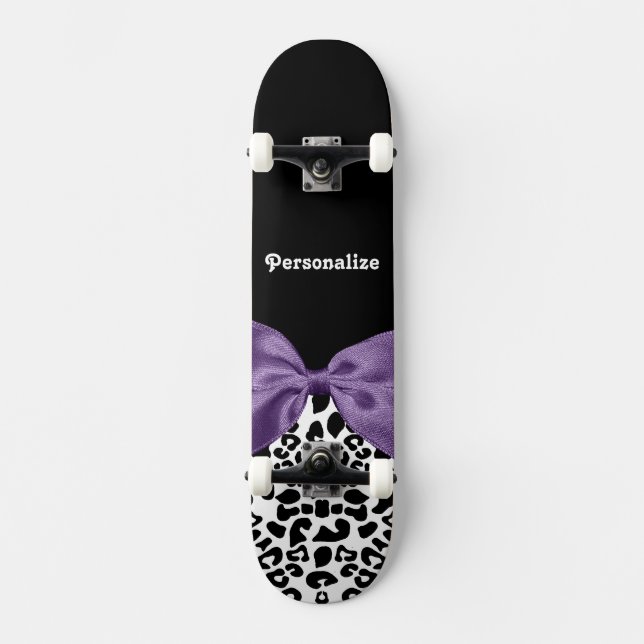 Girly Leopard Print Pretty Purple Ribbon With Name Skateboard (Front)