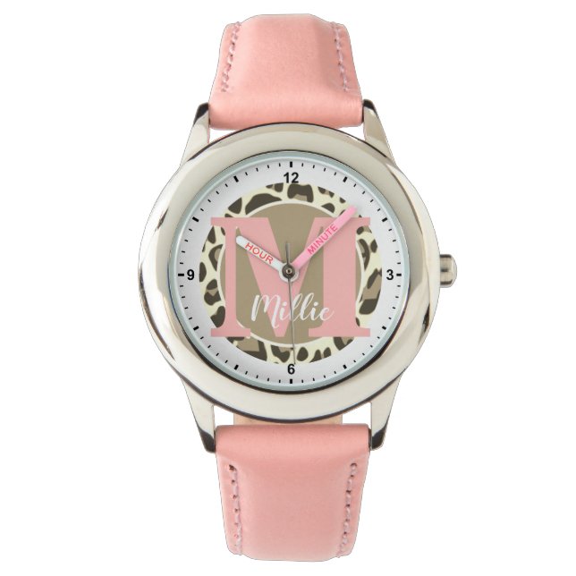 Girly Leopard Print Rockabilly Pattern Monogram Watch (Front)