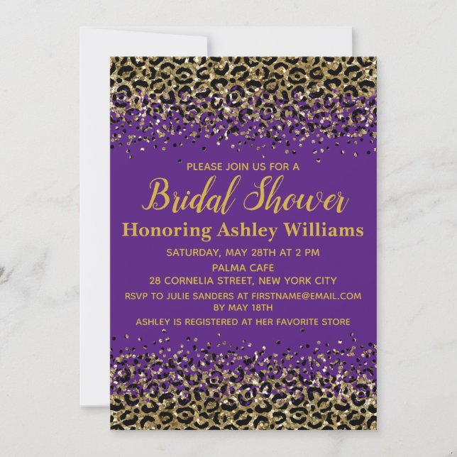 Girly Leopard Purple Gold Customised Bridal Shower Invitation (Front)