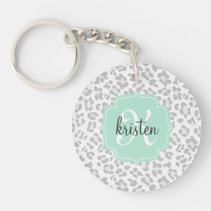 Girly Leopard Silver and Mint Green Personalised Key Ring