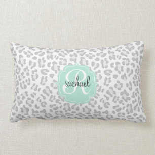 Girly Leopard Silver and Mint Green Personalised Lumbar Cushion