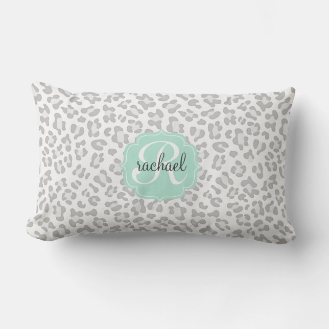 Girly Leopard Silver and Mint Green Personalised Lumbar Cushion (Front)