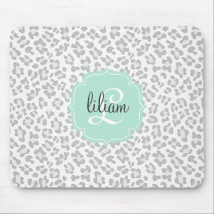 Girly Leopard Silver and Mint Green Personalised Mouse Pad