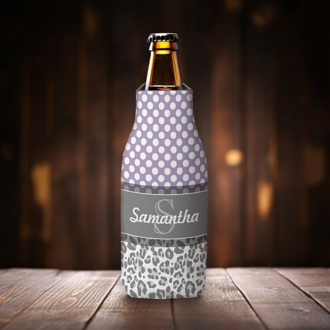 Girly Leopard Spot Print Pattern Custom Monograms Bottle Cooler (Add your name and monogram to this personalized bottle cooler.)