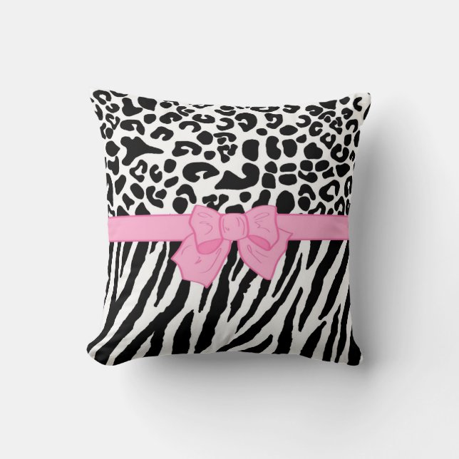Girly Leopard Zebra Animal Print and Cute Pink Bow Cushion (Front)
