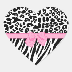 Girly Leopard Zebra Animal Print and Cute Pink Bow Heart Sticker