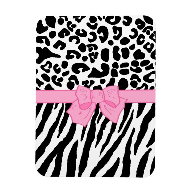 Girly Leopard Zebra Animal Print and Cute Pink Bow Magnet (Vertical)