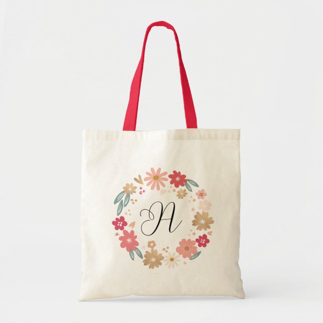 Girly Letter A | Whimsical Floral Letter Monogram Tote Bag (Front)
