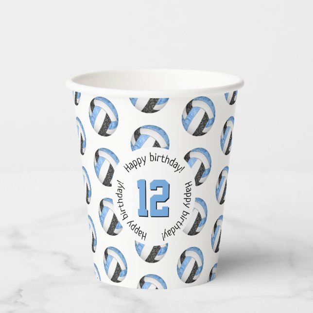 girly light blue black volleyballs birthday party paper cups (Front)