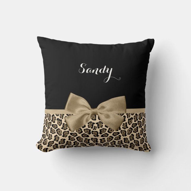 Girly Light Brown Jaguar Cute Brown Bow With Name Cushion (Front)