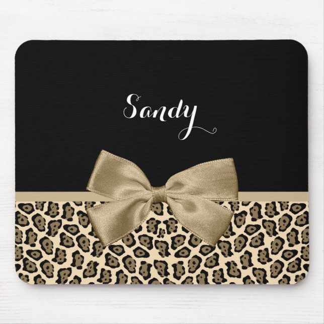 Girly Light Brown Jaguar Cute Brown Bow With Name Mouse Pad (Front)