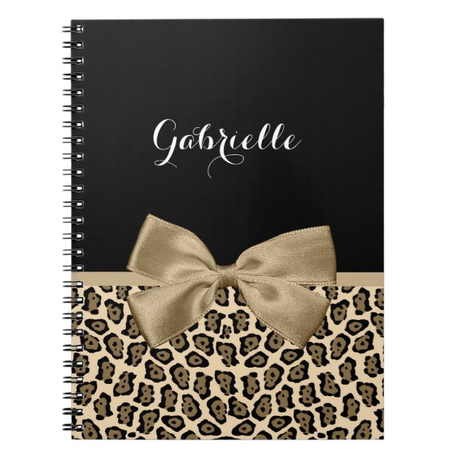 Girly Light Brown Jaguar Cute Brown Bow With Name Notebook (Front)