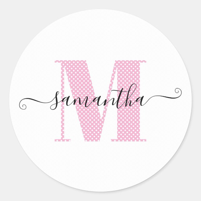 Girly Light Pink and White Polka Dot Monogram Classic Round Sticker (Front)