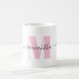 Girly Light Pink and White Polka Dot Monogram Coffee Mug