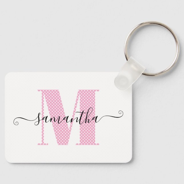 Girly Light Pink and White Polka Dot Monogram Key Ring (Front)