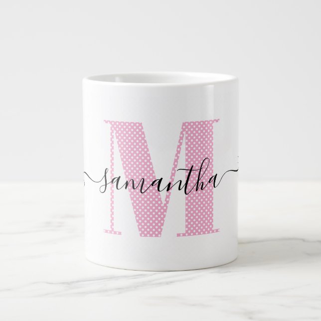 Girly Light Pink and White Polka Dot Monogram Large Coffee Mug (Front)