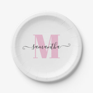 Girly Light Pink and White Polka Dot Monogram Paper Plate