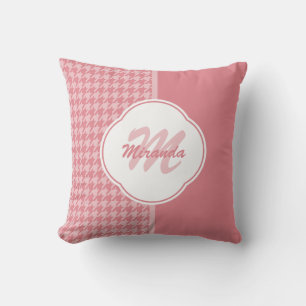 Girly Light Pink Houndstooth Monogram With Name Cushion