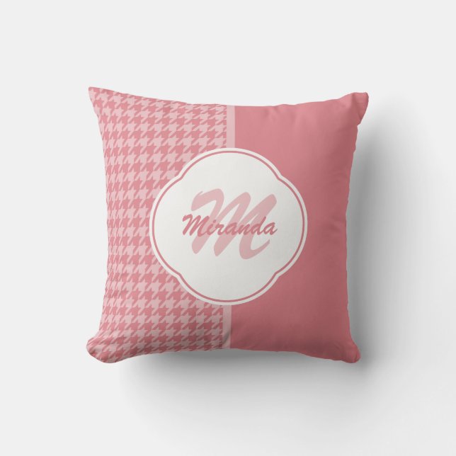 Girly Light Pink Houndstooth Monogram With Name Cushion (Front)