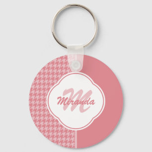 Girly Light Pink Houndstooth Monogram With Name Key Ring