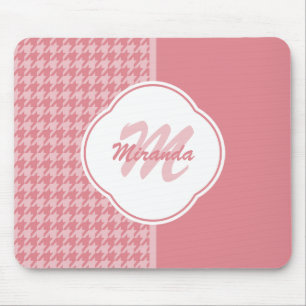 Girly Light Pink Houndstooth Monogram With Name Mouse Pad