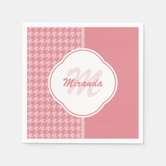 Girly Light Pink Houndstooth Monogram With Name Napkin (Front)