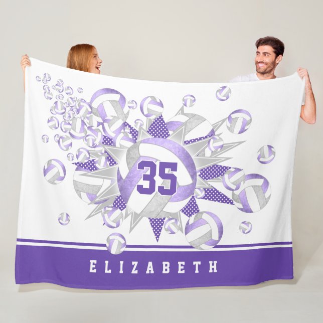 girly lilac grey volleyballs and stars fleece blanket (In Situ)