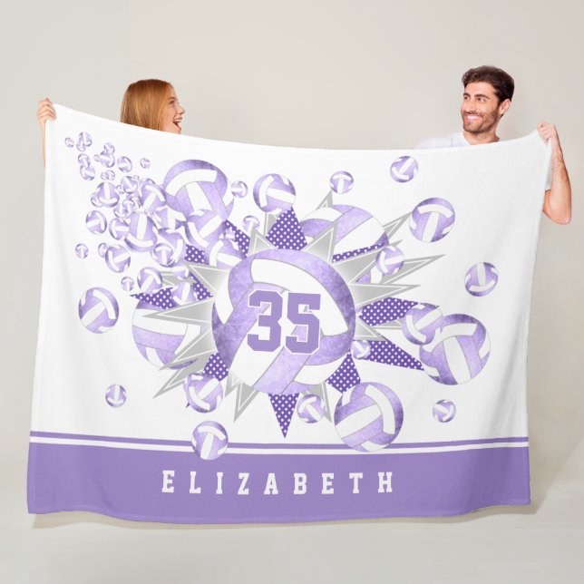 girly lilac purple white volleyballs and stars fleece blanket (In Situ)