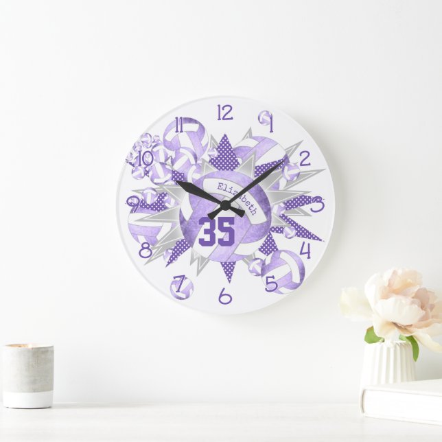 girly lilac purple white volleyballs and stars large clock (Home)