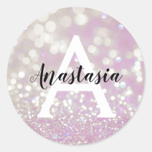 Girly Lilac Shimmer Glitter Sparkles Monogram Name Classic Round Sticker