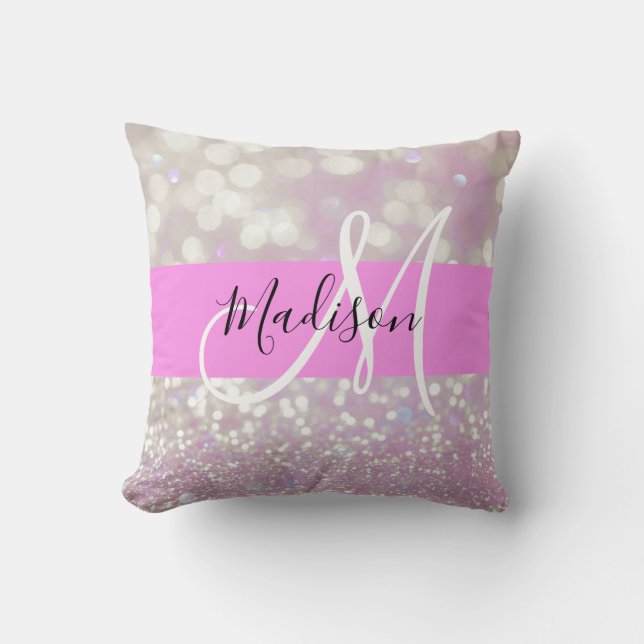 Girly Lilac Shimmer Glitter Sparkles Monogram Name Cushion (Front)