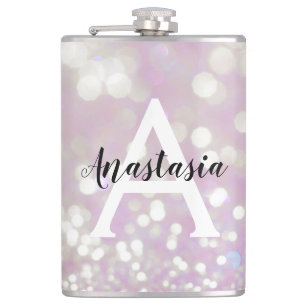 Girly Lilac Shimmer Glitter Sparkles Monogram Name Hip Flask