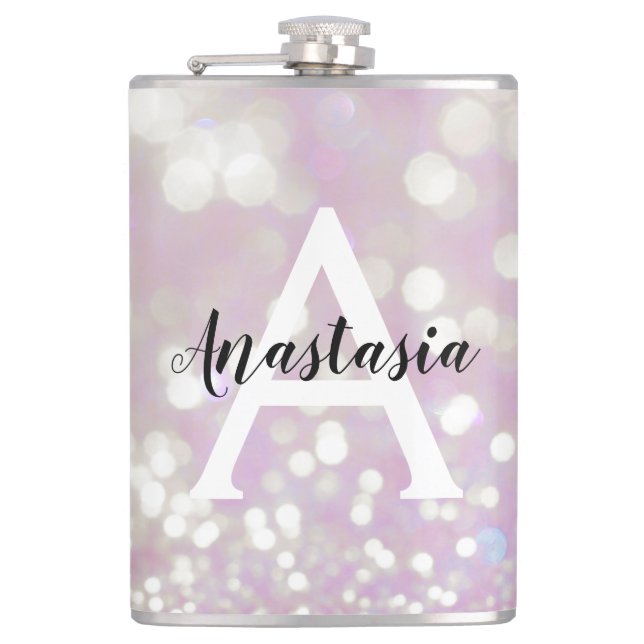 Girly Lilac Shimmer Glitter Sparkles Monogram Name Hip Flask (Front)