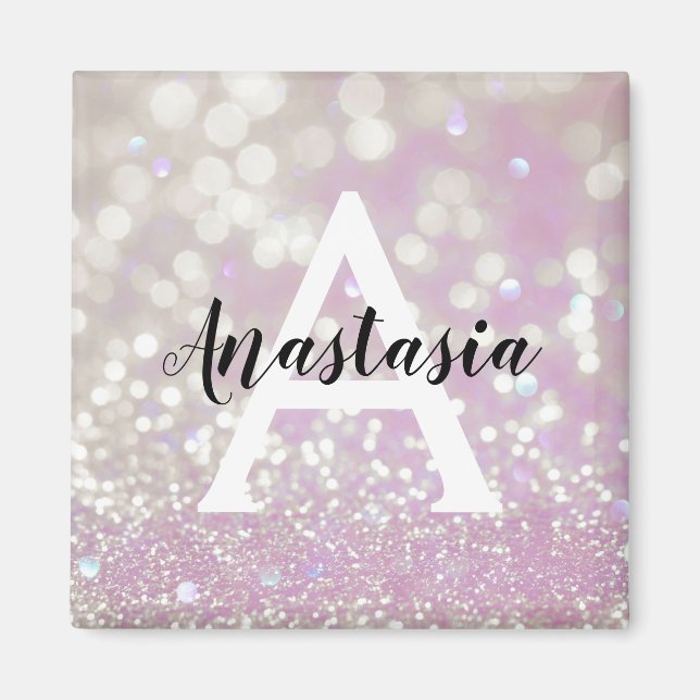 Girly Lilac Shimmer Glitter Sparkles Monogram Name Magnet (Front)