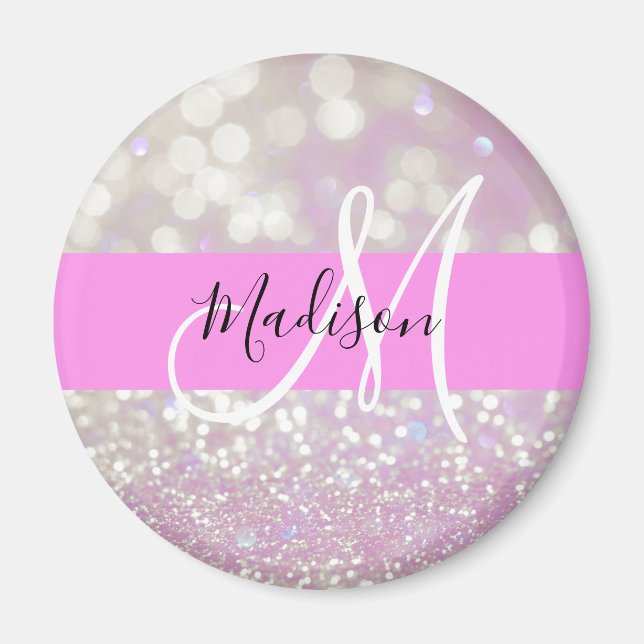 Girly Lilac Shimmer Glitter Sparkles Monogram Name Magnet (Front)