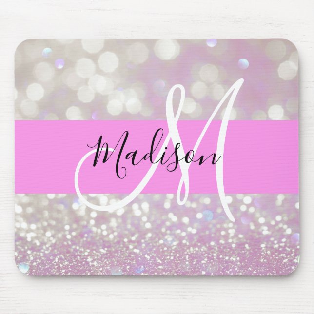 Girly Lilac Shimmer Glitter Sparkles Monogram Name Mouse Pad (Front)