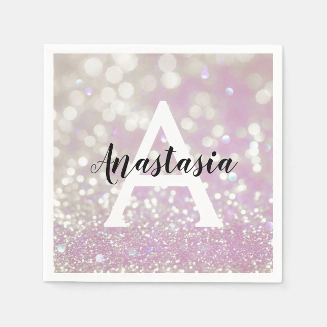 Girly Lilac Shimmer Glitter Sparkles Monogram Name Napkin (Front)