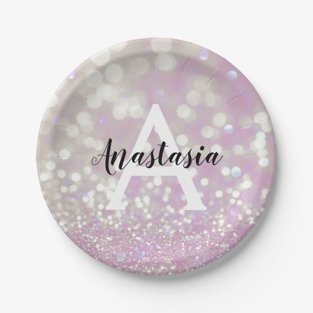 Girly Lilac Shimmer Glitter Sparkles Monogram Name Paper Plate (Front)