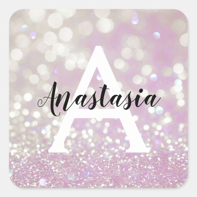 Girly Lilac Shimmer Glitter Sparkles Monogram Name Square Sticker (Front)