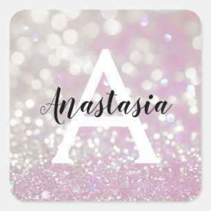 Girly Lilac Shimmer Glitter Sparkles Monogram Name Square Sticker