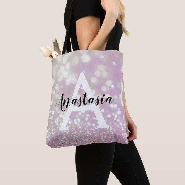 Girly Lilac Shimmer Glitter Sparkles Monogram Name Tote Bag (Close Up)